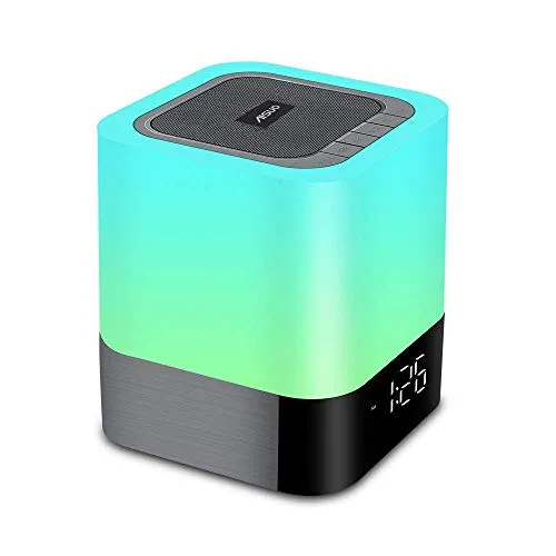 Aisuo Night Light-5 in 1 Bedside Lamp with Bluetooth Speaker, 12/24H Digital Calendar Alarm Clock, Touch Control, Support TF