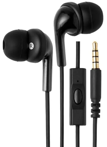 Amazon Basics In Ear Wired Headphones, Earbuds with Microphone No Wireless Technology, Black, 0.96 x 0.56 x 0.64in earbuds
