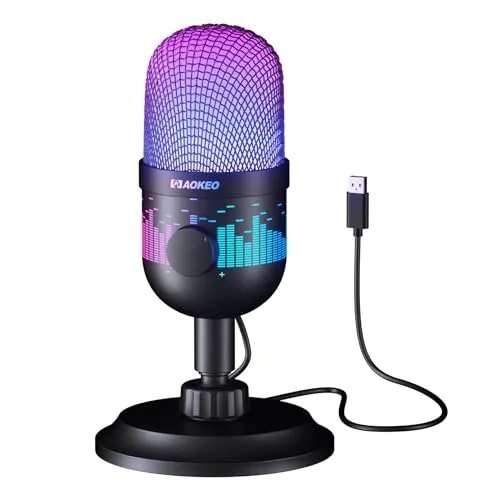 Aokeo USB Gaming Microphone Condenser Microphone for PC/MAC/PS4/PS5/Phone-Cardioid Mic with RGB Lighting Headphone Output