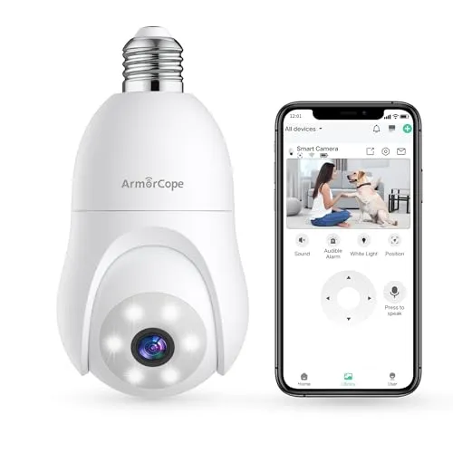 Armorcope 2K Light Bulb Security Camera 2.4GHz, 360° Motion Tracking Wireless Security Camera Outside, Full-Color Night