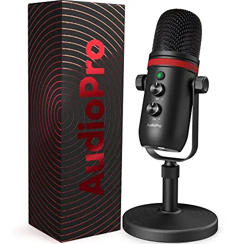 AUDIOPRO USB Microphone, Computer Condenser Gaming Mic for PC/Laptop/Phone/PS4/5, Headphone Output, Volume Control, USB Type