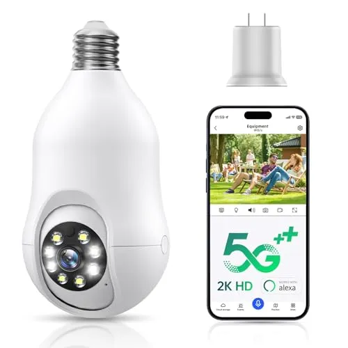 COMBATH Light Bulb Security Camera, 5G/2.4GHz WiFi 2K Light Bulb Cameras Outdoor Indoor with E27 Socket, Motion Detection