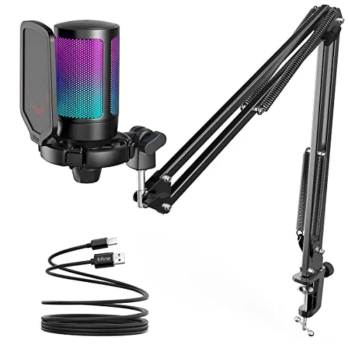 FIFINE Gaming PC USB Microphone, Podcast Condenser Mic with Boom Arm, Pop Filter, Mute Button for Streaming, Twitch, Online