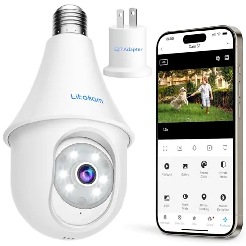 litokam 4MP Light Bulb Security Cameras Wireless Outdoor 2.4GHz, 2K 360°Cameras for Home Security Outside Indoor, Motion