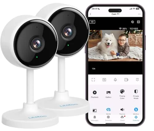 litokam Indoor Camera, Cameras for Home Security with Night Vision, Pet Camera with Phone App, 2K Indoor Security Camera,