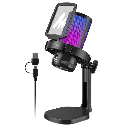 MAONO USB Gaming Microphone for PC, Noise Cancellation Condenser Mic with RGB Lights, Mute, Gain for Streaming, Recording,