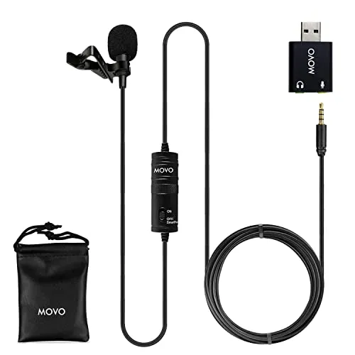 Movo LV1-USB Lavalier Microphone for Computer, Lapel Microphone for iPhone and Android Smartphones, Lav Mic, Clip on
