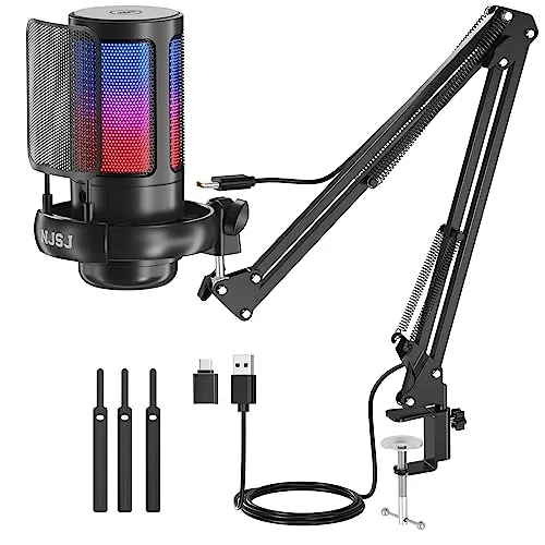 NJSJ USB Gaming Microphone for PC, Condenser Mic with Boom Arm for PS4/ PS5/ Mac/Phone with Touch Mute, RGB Lighting,Gain