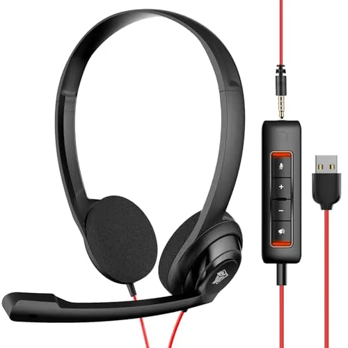 NUBWO HW02 USB Computer Headset with Clear Chat Microphone, Lightweight On-Ear Wired Headset for MS Teams, Skype, Webinars,