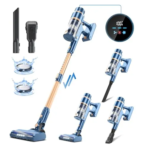 PRETTYCARE Cordless Vacuum Cleaner, 28Kpa Stick Vacuum with Powerful Brushless Motor, LED Touch Display, 45 Mins Long