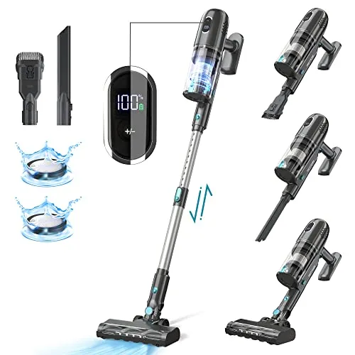 PRETTYCARE Cordless Vacuum Cleaner, 30Kpa Powerful Stick Vacuum with 260W Brushless Motor, LED Touch Display, 45 Mins Long