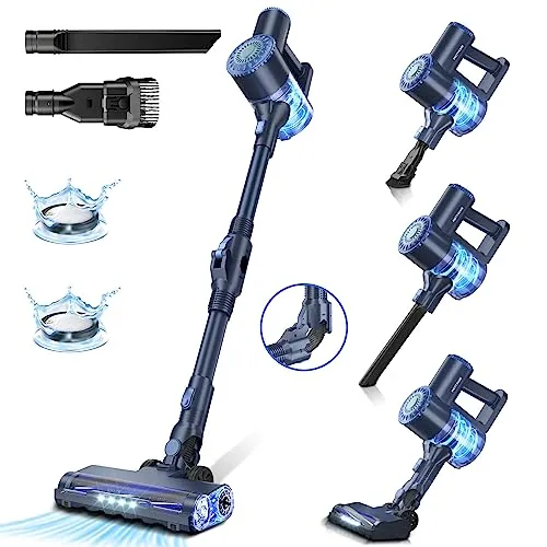 PRETTYCARE Cordless Vacuum Cleaner, 6 in 1 Lightweight Stick Vacuum Self-Standing with Powerful Suction, 180° Bendable Wand