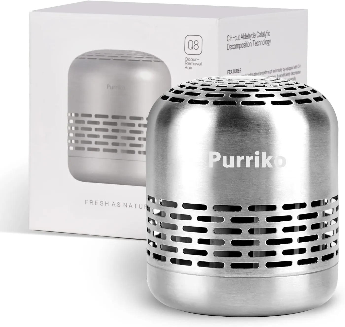 Purriko refrigerator deodorizer shown next to its retail packaging