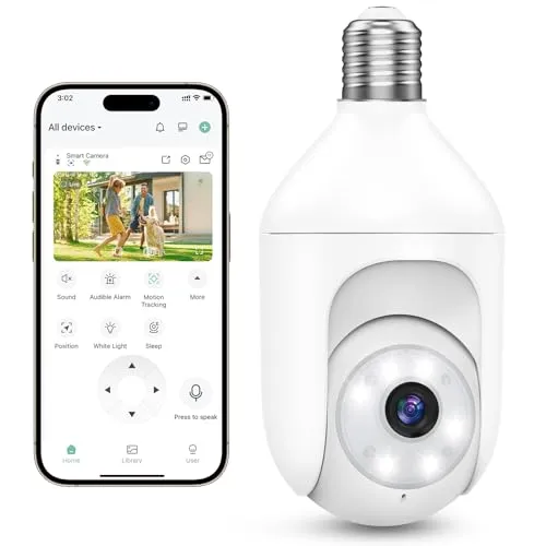 Recacam 2K Light Bulb Security Cameras Wireless Outdoor Indoor, 2.4GHz WiFi Cameras for Home Security with Spotlight, Color