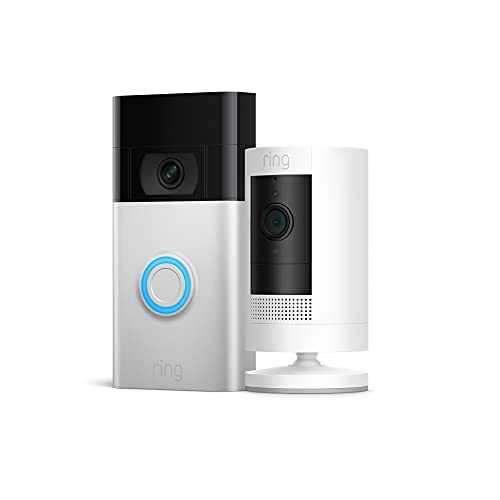Ring Video Doorbell, Satin Nickel bundle with Ring Stick Up Cam Battery, White security camera