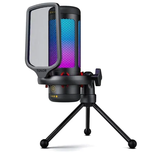 TONOR Gaming Mic, USB Microphone for PC Computer, Cardioid Condenser Mic with Adjustable RGB Modes & Brightness, Quick Mute,