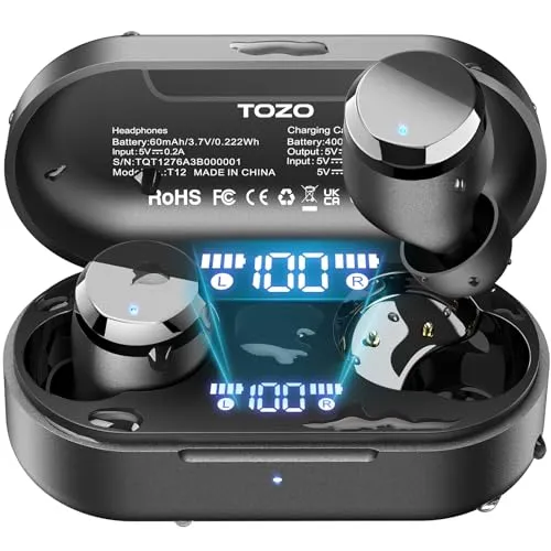 TOZO Tonal Dots (T12) Wireless Earbuds Bluetooth 5.3 Headphones Built-in ENC Noise Cancelling Mic, 55 Hrs Playtime App