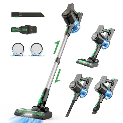 Vactidy V9 Cordless Vacuum Cleaner, Cordless Stick Vacuum with 250W Brushless Motor, 45min Runtime, Detachable Battery, 6 in