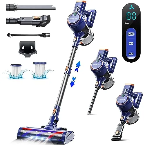 Voweek Cordless Vacuum Cleaner, 6 in 1 Lightweight Stick Vacuum with 3 Power Modes, LED Display, Powerful Vacuum Cleaner Up