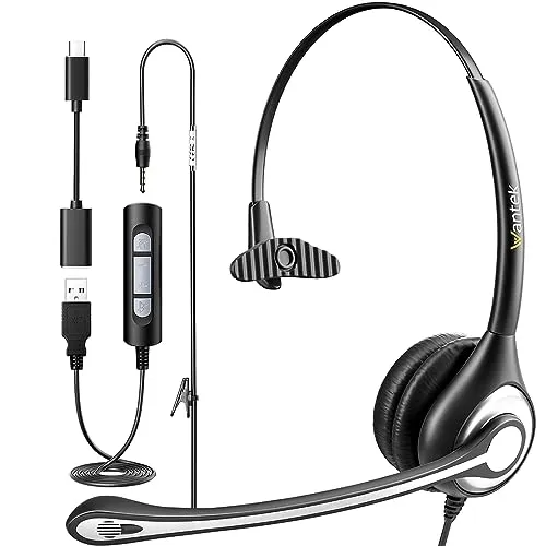 Wantek USB Computer Headset with Microphone for Laptop PC,3.5mm Wired Stereo Call Center Headset with Microphone Noise