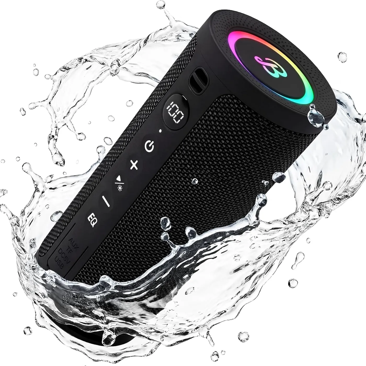 BassBloom Roar 3 portable Bluetooth speaker in black with RGB light ring, splashing in water