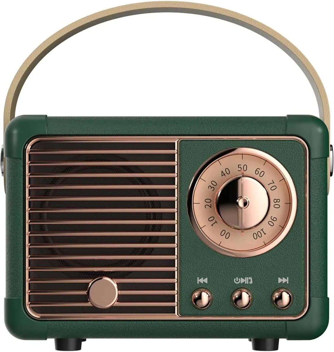 Dosmix Retro Bluetooth Speaker in green, front view showing the rose-gold tuning dial, control buttons and woven grille