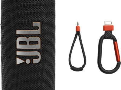 JBL Flip 7 portable Bluetooth speaker in black, shown with the bundled PushLock loop and carabiner accessories