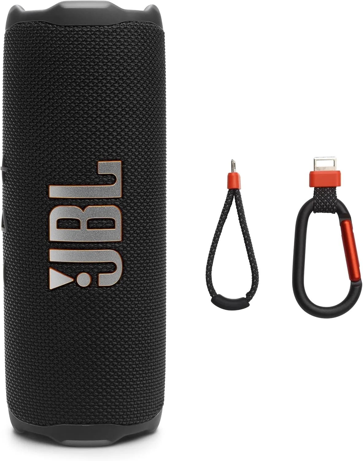 JBL Flip 7 portable Bluetooth speaker in black, shown with the bundled PushLock loop and carabiner accessories