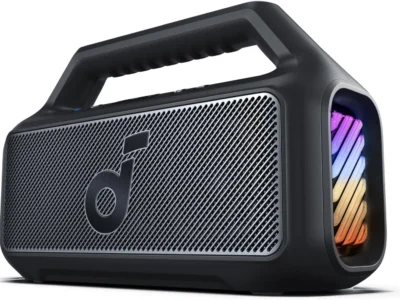 Soundcore Boom 2 outdoor Bluetooth speaker in black, three-quarter view with the side RGB light bar lit