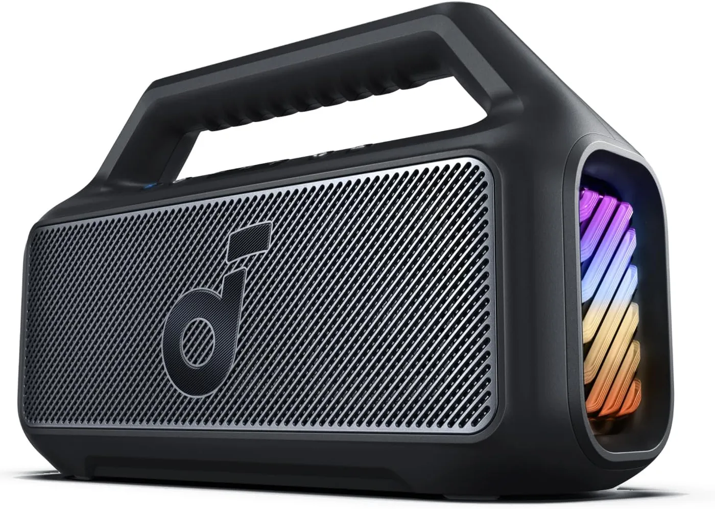 Soundcore Boom 2 outdoor Bluetooth speaker in black, three-quarter view with the side RGB light bar lit