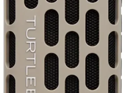 Turtlebox Ranger outdoor Bluetooth speaker in tan, front view with carry handle