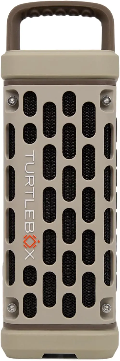Turtlebox Ranger outdoor Bluetooth speaker in tan, front view with carry handle